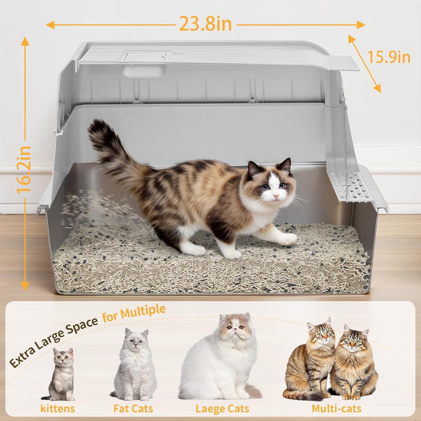 Stainless Steel Litter Box with Lid, XL Extra Large Cat Litter Box, Enclosed Metal Litter Pan with High Sided Enclosure & Scoop, Anti Leakage, Easy to Clean, Odor Control (White)