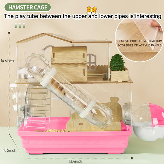 12 in 1 Clear Acrylic Hamster Cage with All Accessories,13.5''L*10''W*15''H Dwarf Hamster Cage,Magnetic Connection Small Hamster Enclosure,Wooden Mouse Cage for Pet Mice(2-Layer,Pink) Install Required