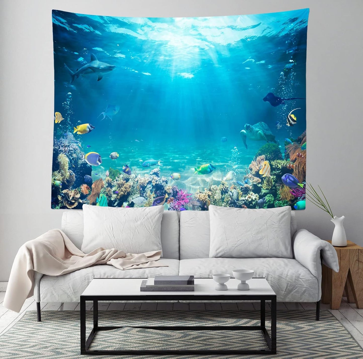 Loccor Underwater World Tapestry Blue Ocean Wall Hanging Under the Sea Coral Reef Wall Tapestry 236x118 Inches Tropical Fish Tank Undersea Tapestries Marine Wall Art for Bedroom Living Room Dorm Decor