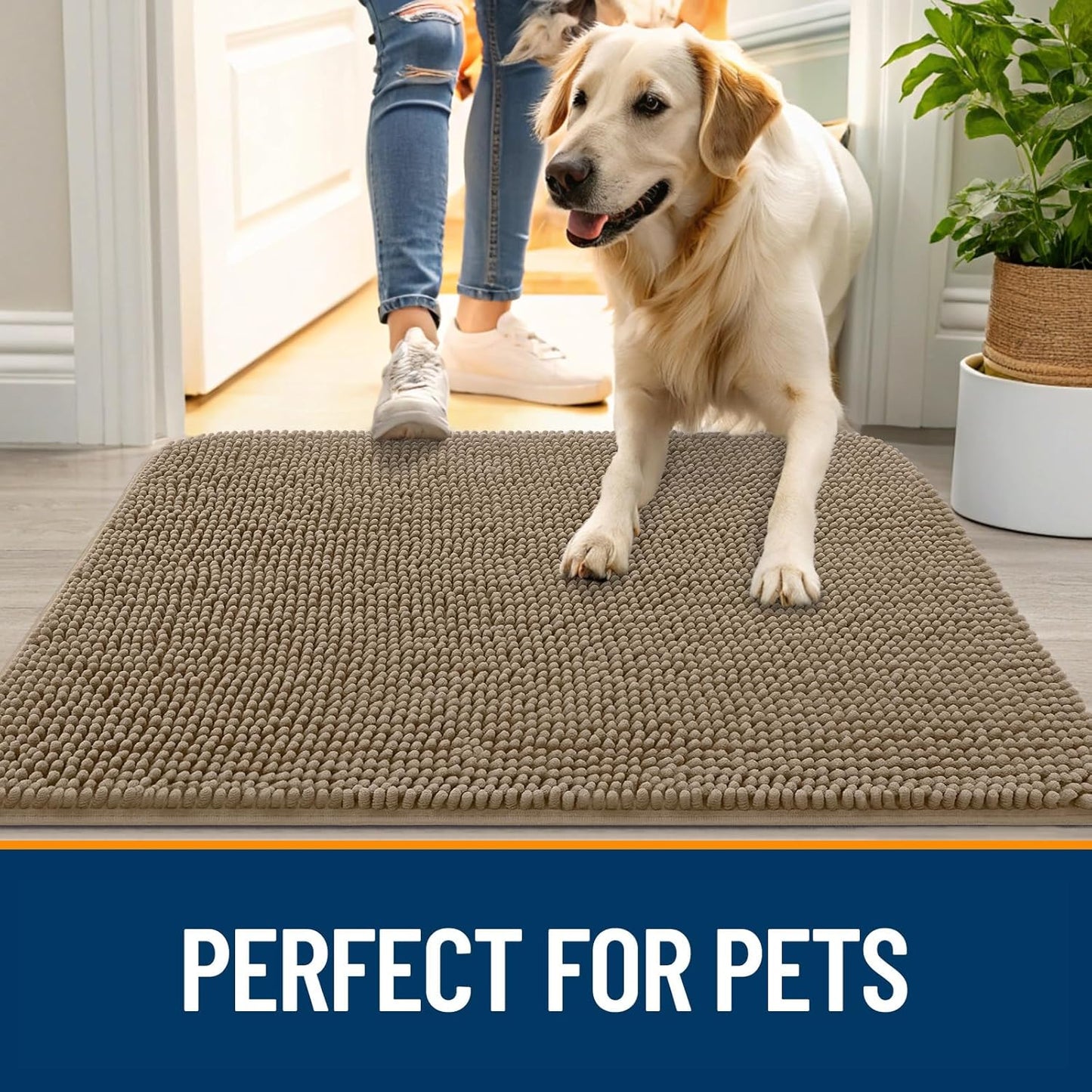 OLANLY Dog Door Mat for Muddy Paws 47x24, Absorbs Moisture and Dirt, Absorbent Non-Slip Washable Doormat, Quick Dry Chenille Mud Mat for Dogs, Entry Indoor Entryway Carpet for Inside Floor, Tan