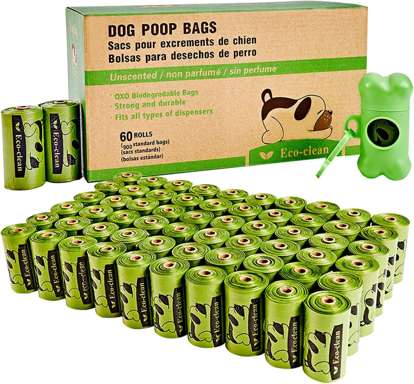 Dog Poop Bags, 60 Rolls / 900 Count Dog Waste Bags with Dispenser and Leash Clip, Unscented, Extra Thick and Strong Poop Bags for Dogs