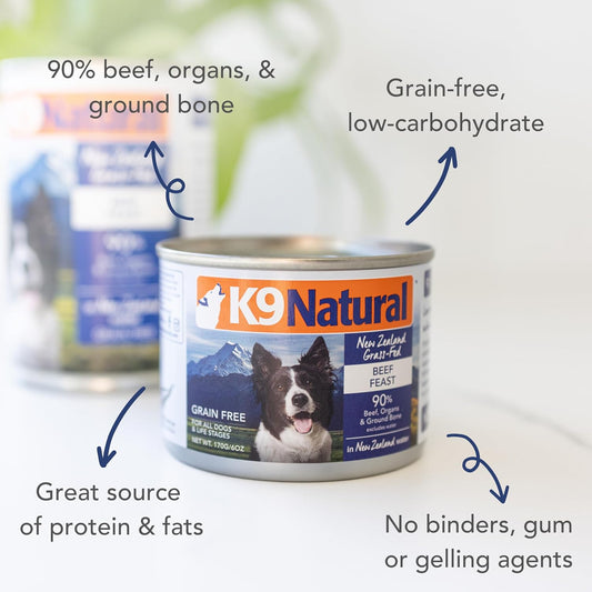 K9 Natural Wet Dog Food Pate, Beef Feast, 6 Oz Cans (Pack of 12), Grain Free, Made in New Zealand with Grass-Fed & Finished Beef, Single Source, Limited Ingredient