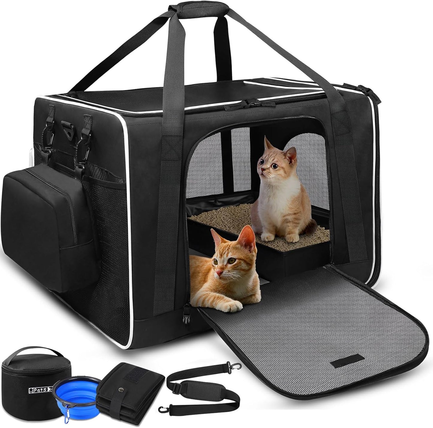 Petskd Extra Large Cat Carrier with Litter Box 24"x17"x17" for Medium Large Cat or 2 Small Cats, Collapsible Soft Sided Pet Carrier for Car Travel with Lockable Safety Zippers(Black)