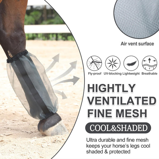 Horse Fly Boots Set of 4, Ultra Lightweight Breathable Mesh Leg Wraps, Non-Slip Fit, Reduce Stomping, Universal Size, Ideal for Summer Grey