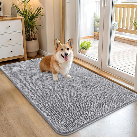 OLANLY Dog Door Mat for Muddy Paws 45x27, Absorbs Moisture and Dirt, Absorbent Non-Slip Washable Doormat, Quick Dry Chenille Mud Mat for Dogs, Entry Indoor Entryway Carpet for Inside Floor, Light Grey