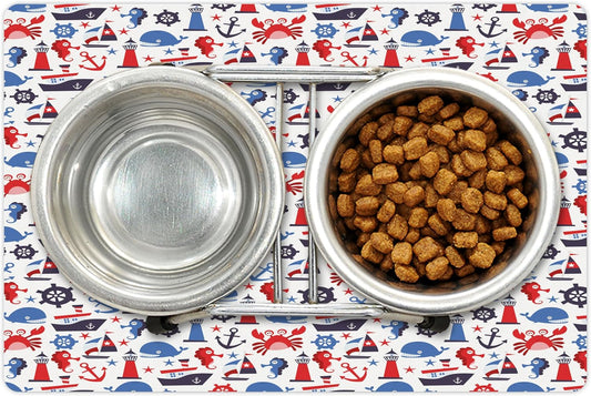 Lunarable Nautical Pet Mat for Food and Water, Steering Wheel Crab Cartoon Style Happy Fun Art Underwater World, Non-Slip Rubber Mat for Dogs and Cats, 18" X 12", Indigo Blue