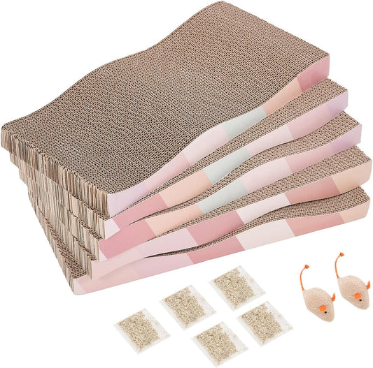 Cat Scratching Pads Cardboard Cat Scratchers for Indoor Cats Reversible Large Wide Corrugated with Catnip and Mini Toy(5pcs)