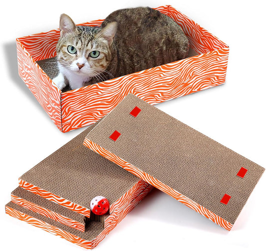 Cat Scrather Box with 4 pcs Large Scratching Cardboard and Toy Ball, Catnip, 4 in 1 Large Refillable & Reversible Cat Scratcher Pad, Cardboard Cat Bed for Big Medium Small Lazy Kitty