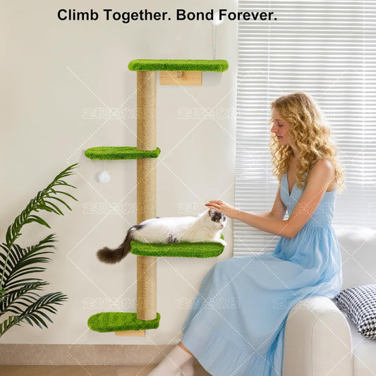 Cat Wall Climber and Floating Shelves, Wall Mounted Cat Tree for Kittens & Cats Up to 30lbs, 4-Tier Adjustable Design with Green Plush Pads