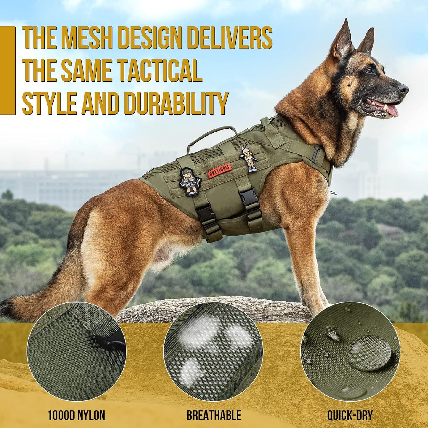 OneTigris No Pull Tactical Dog Mesh Harness for Medium Dogs, Aire Mesh Breathable Military Dog Molle Vests with Handles, Service Dog Vest Harness for Walking Hiking Training Green