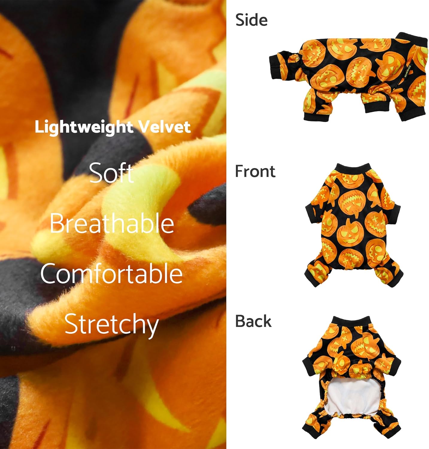 Fitwarm Halloween Pumpkin Dog Pajamas, Funny Dog Winter Clothes for Small Dogs Girl Boy, Pet Jumpsuit, Cat Halloween Costumes with Feet, Lightweight Velvet, Black, Orange, XL