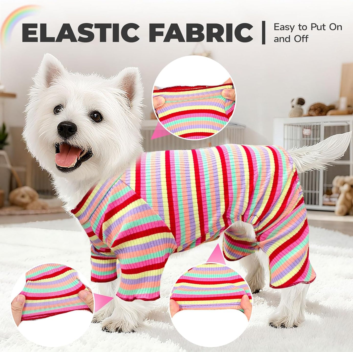 BAEJMJK Striped Dog Pajamas Stretchy Cute Four-Legged Boy Girl Dog Clothes with Sleeves Comfortable Dogs Jumpsuit Colorful Pet Puppy Outfits Apparel for Small Medium Dogs Cats(Red,XX-Large)