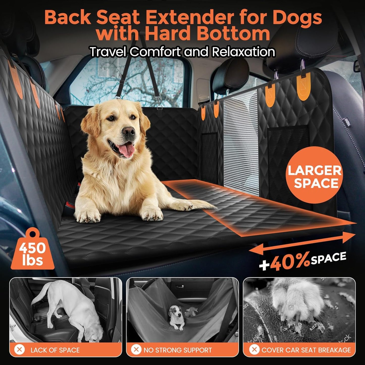 Back Seat Extender for Dogs - Holds 450lbs, Waterproof Dog Car Seat Cover for Back Seat with Hard Bottom for Cars SUVs Truck,Anti-Scratch No Slip Large Space Pet Backseat Protector,Black