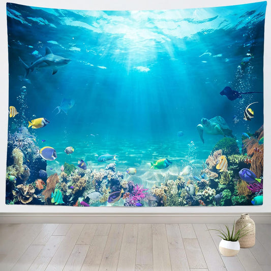 Loccor Underwater World Tapestry Blue Ocean Wall Hanging Under the Sea Coral Reef Wall Tapestry 236x118 Inches Tropical Fish Tank Undersea Tapestries Marine Wall Art for Bedroom Living Room Dorm Decor