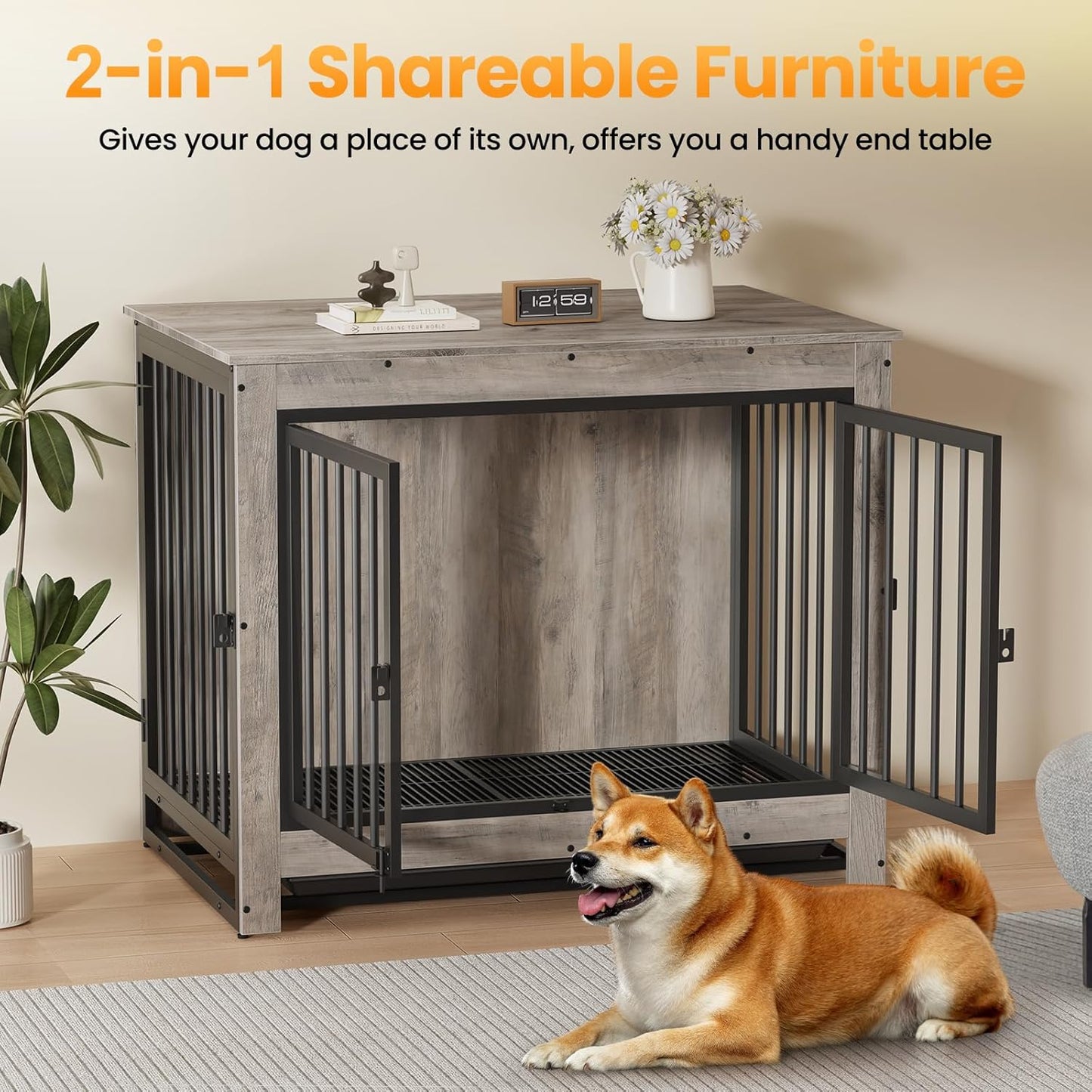 Dog Crate Furniture, Dog Crate End Table for Medium and Large Dogs,Wooden Cage Kennel Furniture Indoor, Modern Dog Crate with Multi-Purpose Removable Tray, Double-Doors Dog Furniture