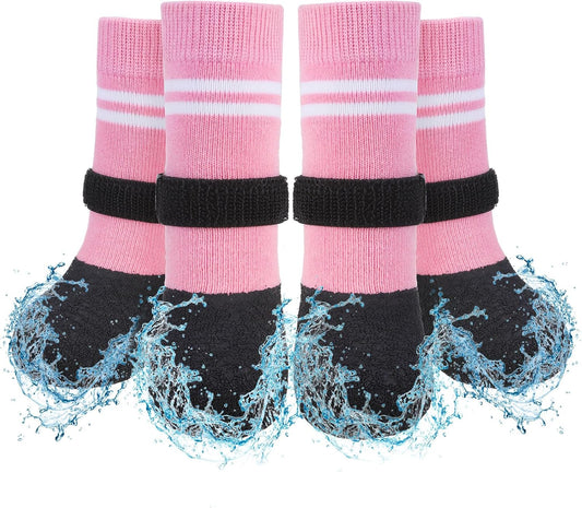 SCENEREAL Anti Slip Dog Boots & Paw Protectors for Hardwood Floor, Extended Dog Socks to Prevent Licking Paws, Waterproof Pet Snow Rain Shoe for Winter Large Senior Dogs, Pink XL