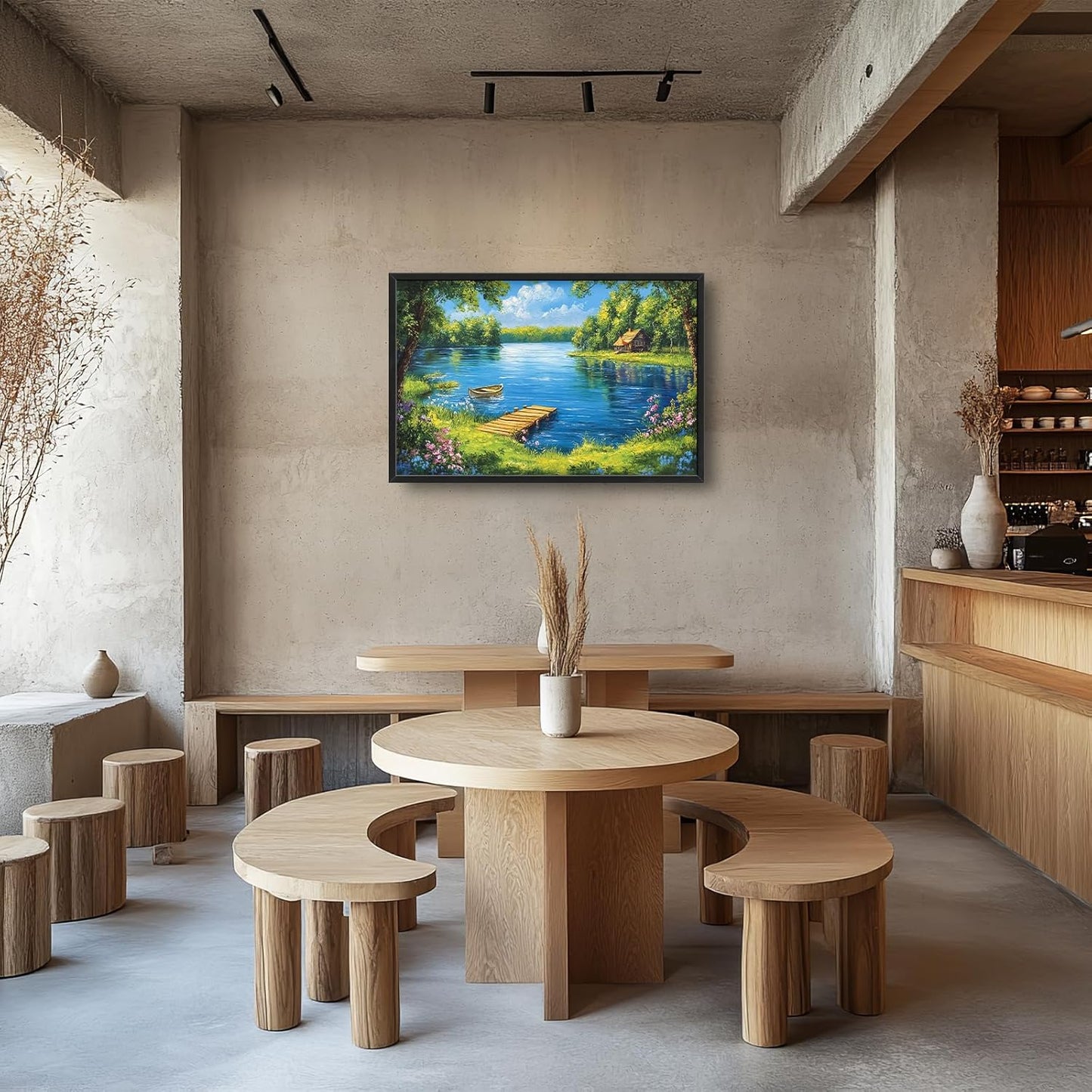 Large Lake Cabin Wall Art for Living Room, Framed Oversized Tree Boat Wildflowers Wall Decor Nature Landscape Canvas Painting Modern Artwork for Bathroom Bedroom Office Dining Room 36"x24"