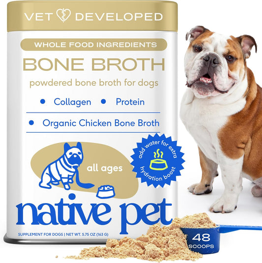Native Pet Bone Broth for Dogs and Cats - Chicken Bone Broth Powder Dog Food Toppers for Picky Eaters - Provides Extra Nutrition for Joint Strength, Immune Support & Heart Health - 48 Scoops
