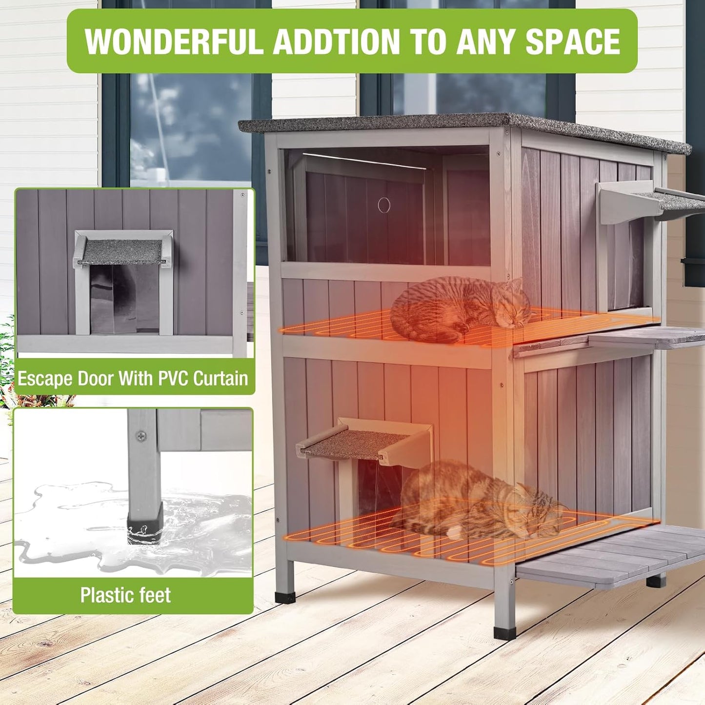 GUTINNEEN Outdoor Heated Cat House for Winter, Weatherproof Wooden Feral Cat Shelter with Escape Door, Heating Pad & Removable Mat(AIR14-Heated)