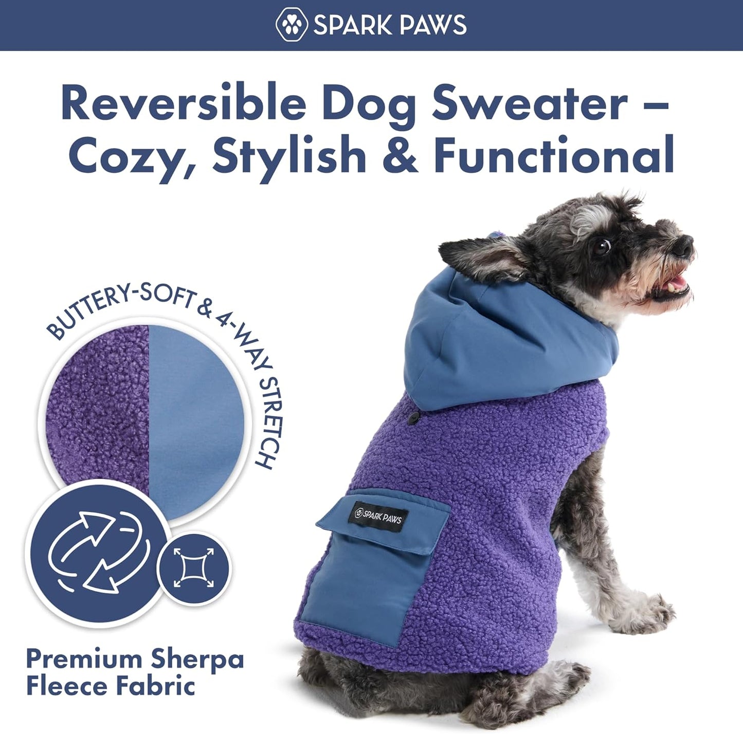 Spark Paws Reversible Dog Sweater, Sherpa Jacket Vest with Warm Fleece Lining, Warm Coat for Winter, Suitable for Small Medium, Large, XL XXL Dogs - Purple and Navy Blue - 3XL