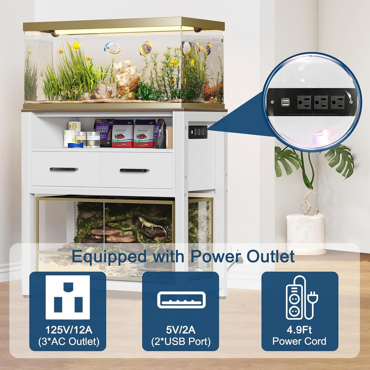 20-29 Gallon Fish Tank Stand with Power Outlet & 2 Storage Drawers, Heavy Duty Metal Frame Aquarium Stand with Waterproof Mat, 30.7" L*15.7" W Tabletop, 550LBS Capacity, White+Brown
