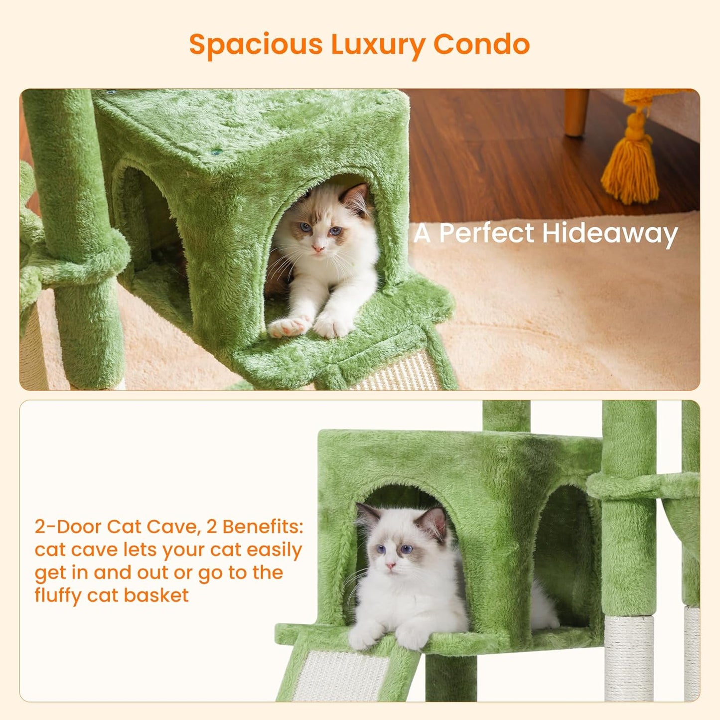 Heybly Cat Tree with Cat Self Groomer Brush, Cat Tower Condo for Indoor Cats with Padded Plush Perch, Cat House with Basket Scratching Board Post, Green HCT005SGR