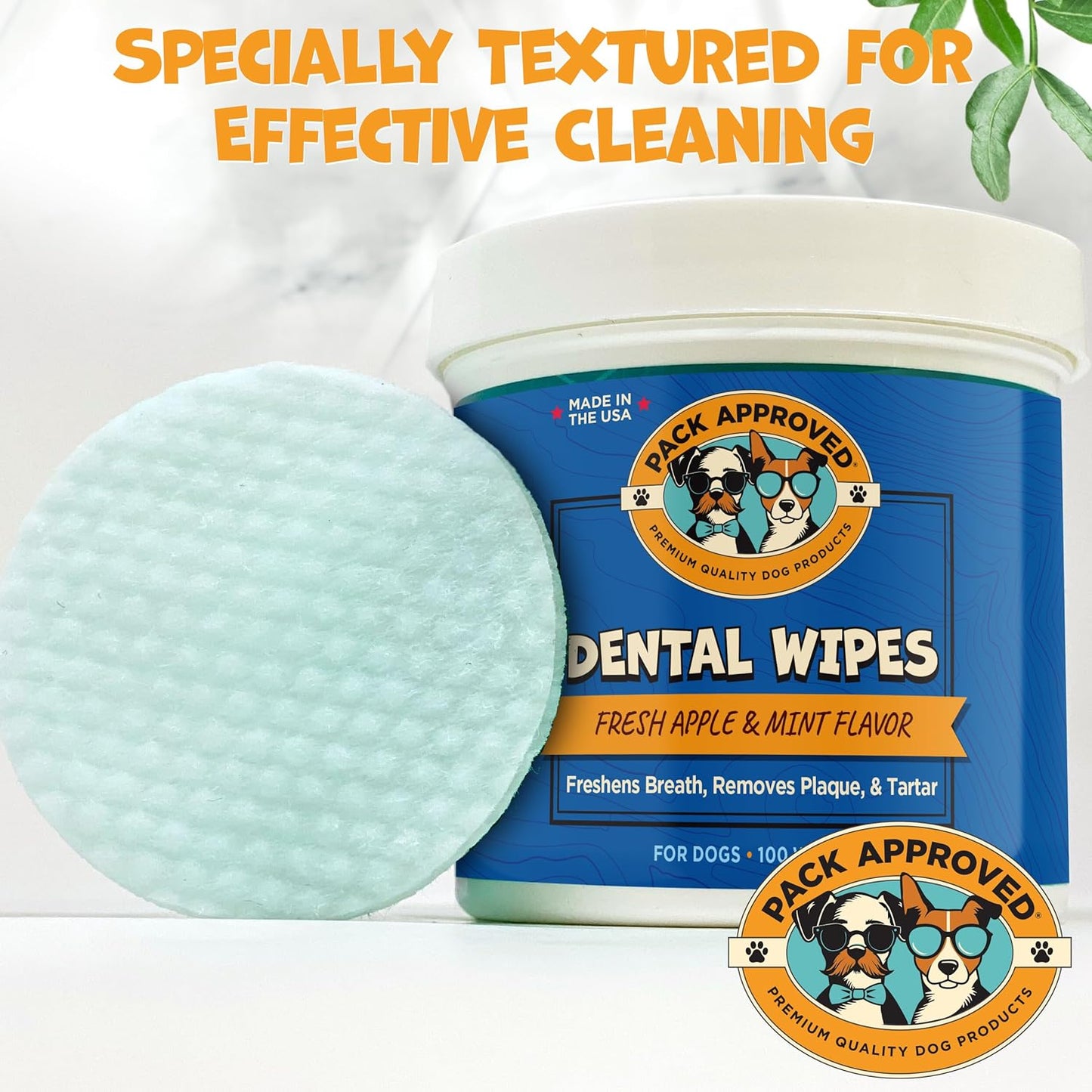 Dental Wipes for Dogs - Dog Teeth Wipes for Oral Care, Tartar and Plaque Remover - Cleans and Freshens Breath for Dogs with Fresh Apple & Mint Scent - Dog Teeth Cleaning Pads – 100 Count