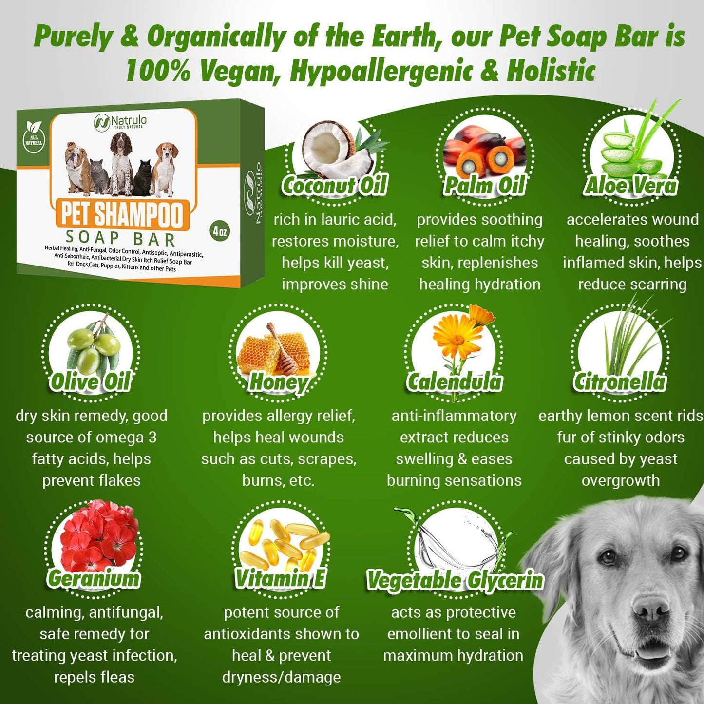 Natrulo All Natural Pet Shampoo Soap Bar for Dogs, Cats, Puppies – Herbal Healing Dry Skin Itch Relief, Odor Control Bar Soap for Pets – Gentle, Plant-Based, Easy-to-Use Pet Soap Bar Made in USA