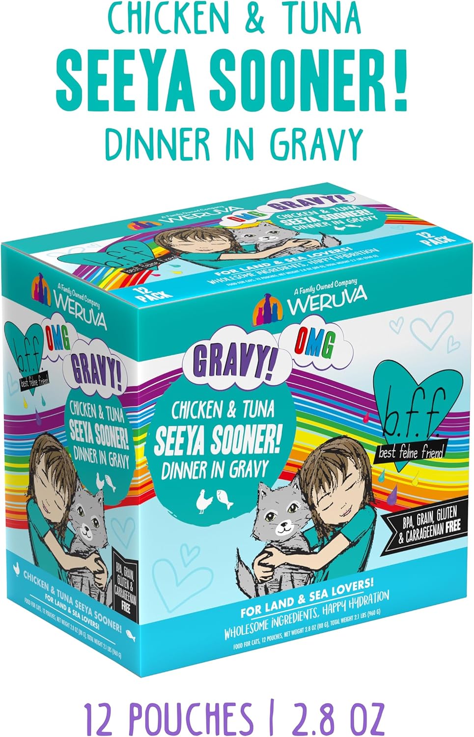 Weruva B.F.F. OMG - Best Feline Friend Oh My Gravy!, Seeya Sooner! with Chicken & Tuna in Gravy Cat Food, 2.8oz Pouch (Pack of 12)