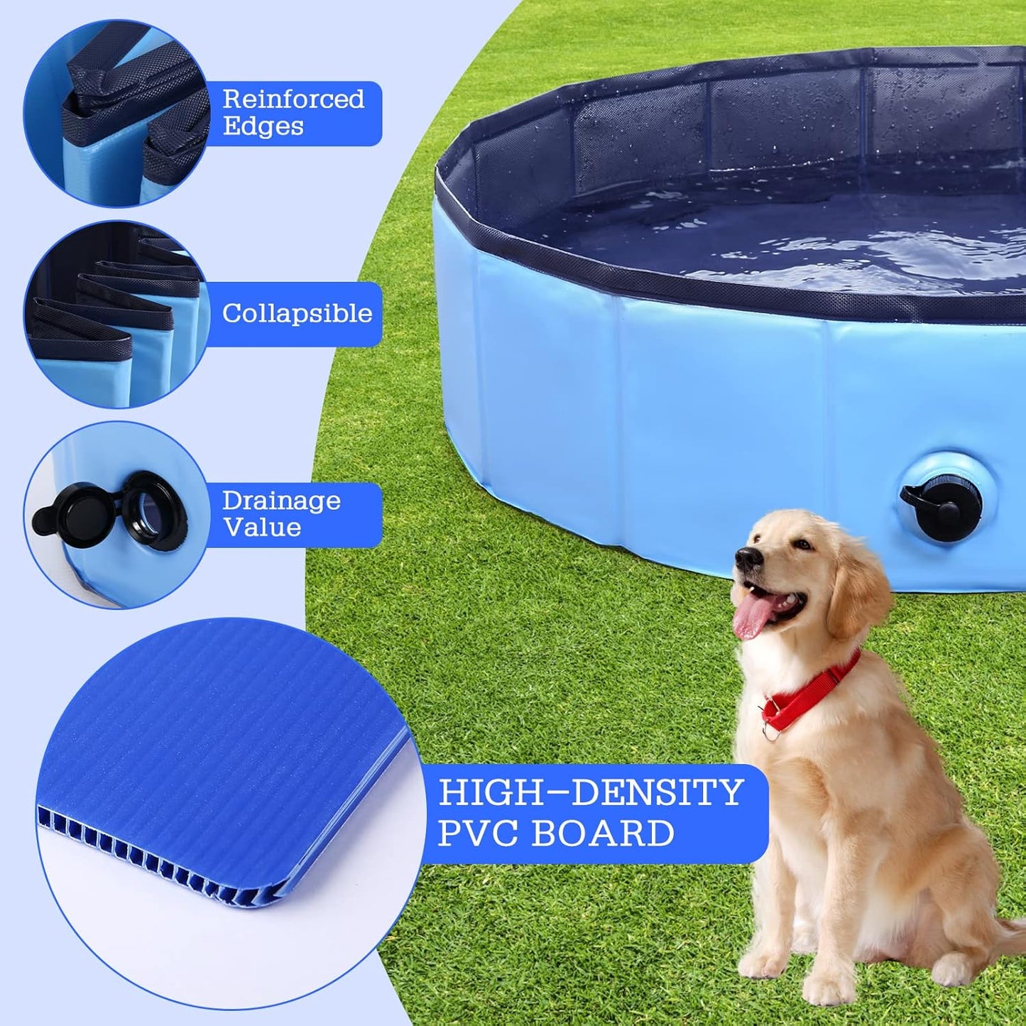 Foldable Dog Bath Swimming Pool Plastic Kiddie Pool Professional Tub Collapsible Grooming Bathtub for Pets Kids Baby and Toddler, 63 x 12 Inches Blue