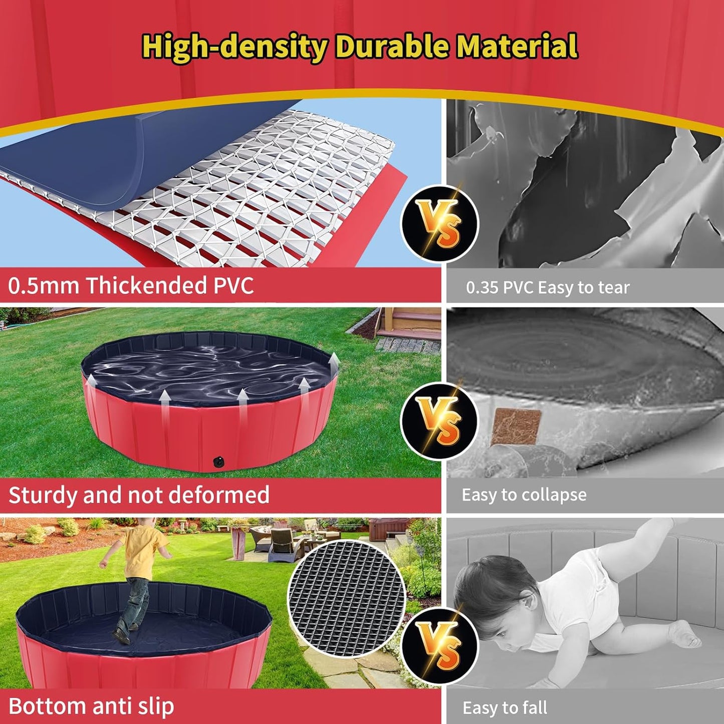 Foldable Dog Pool, 71" x 14" Large Kiddie Pool with Hard Plastic, Non-Slip Dog Bath Tub for Outdoor Backyard, Collapsible Dog Swimming Pool for Kids Dogs Pets (Red)