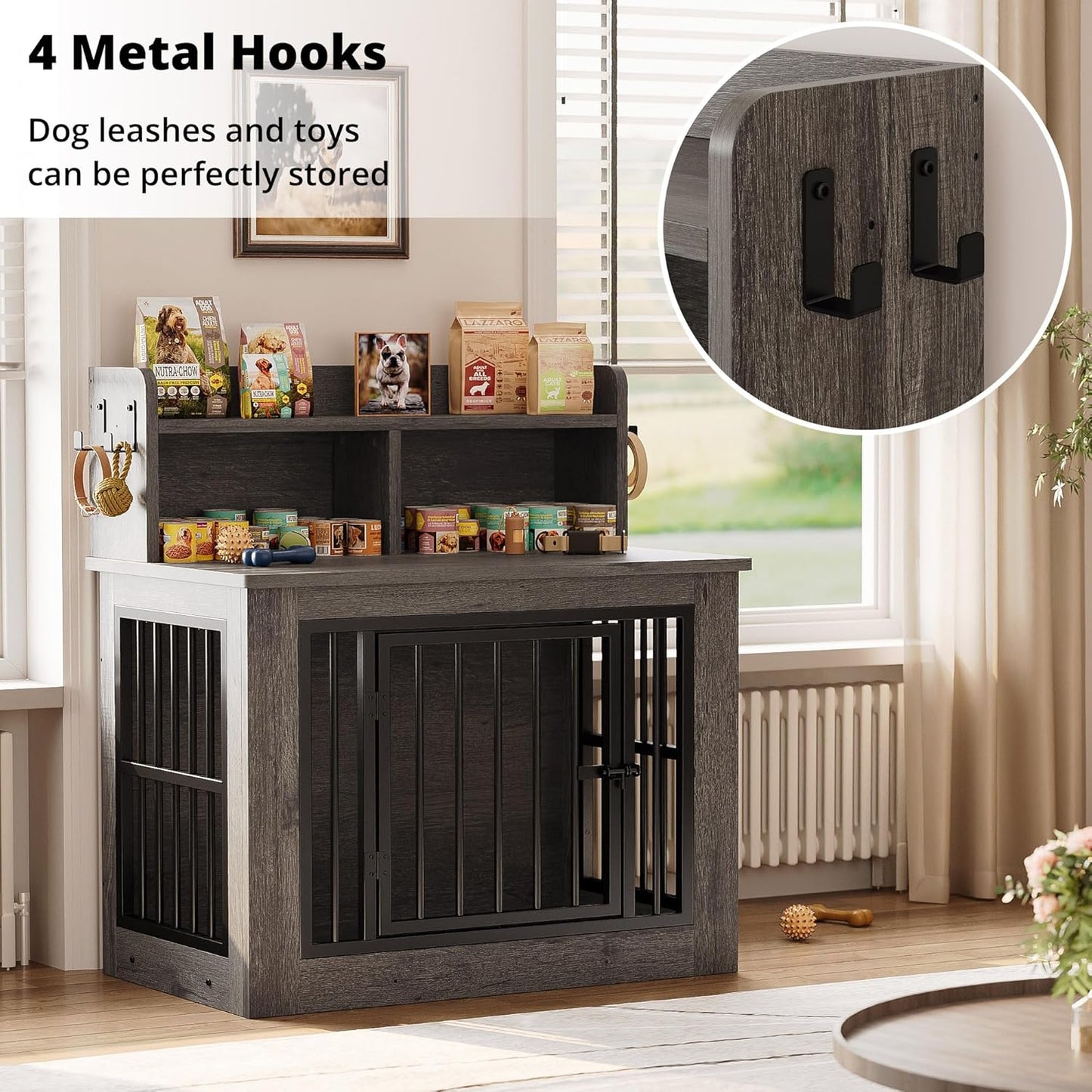 IRONCK Dog Crate Furniture, 33.4 inches Wooden Small Dog Crate with Storage and 4 Hooks, Heavy Duty Pet Crate for Small Dog, Decorative Pet Cage for Indoor (22" L x 33.4" W x 37.4" H)