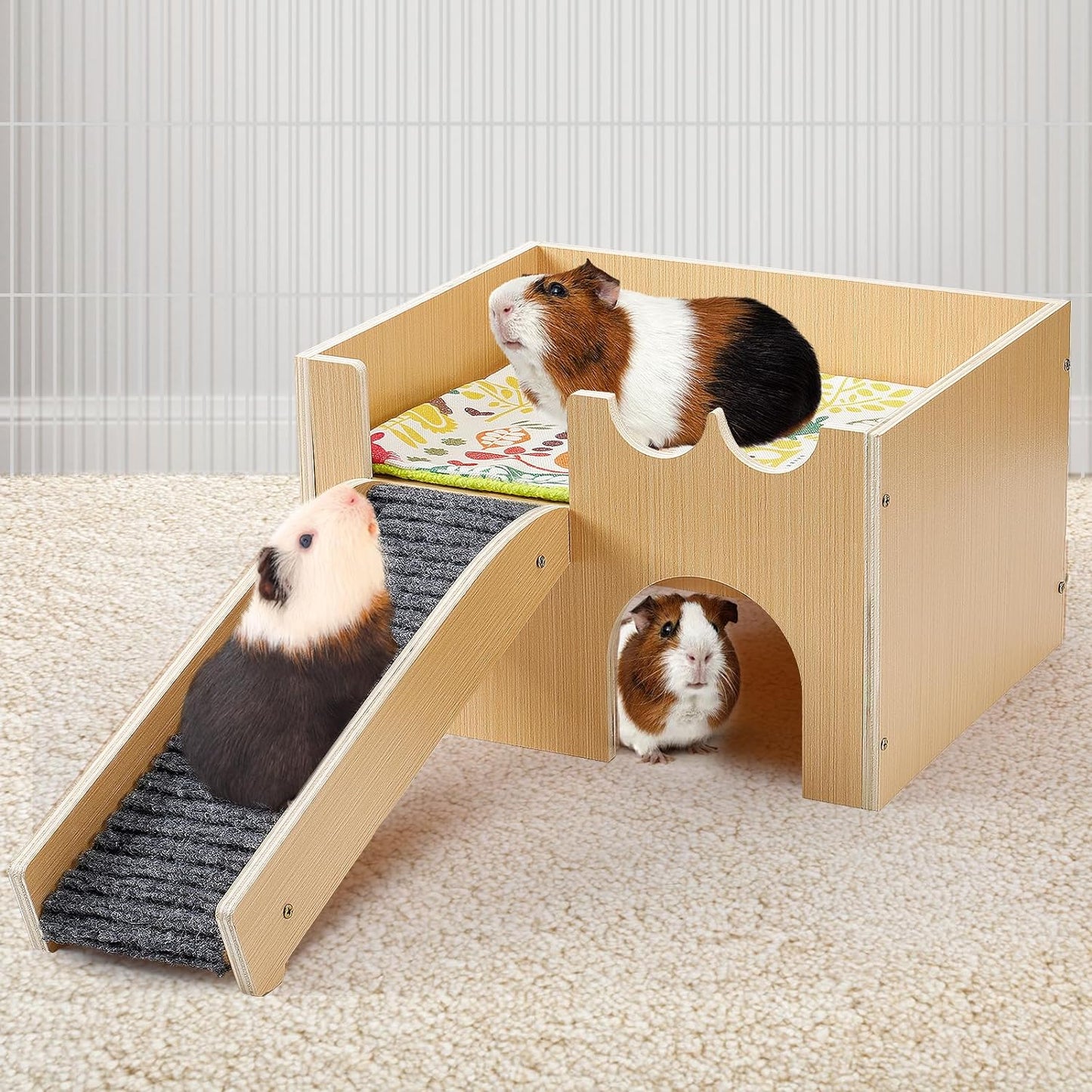 Upgraded Guinea Pig Castle, Sturdy Wooden Guinea Pig Hideout, Small Animal House Bed Hut Habitats with Stairs, Easy to Assemble for Hamsters Bunny Chinchillas Playing Hiding
