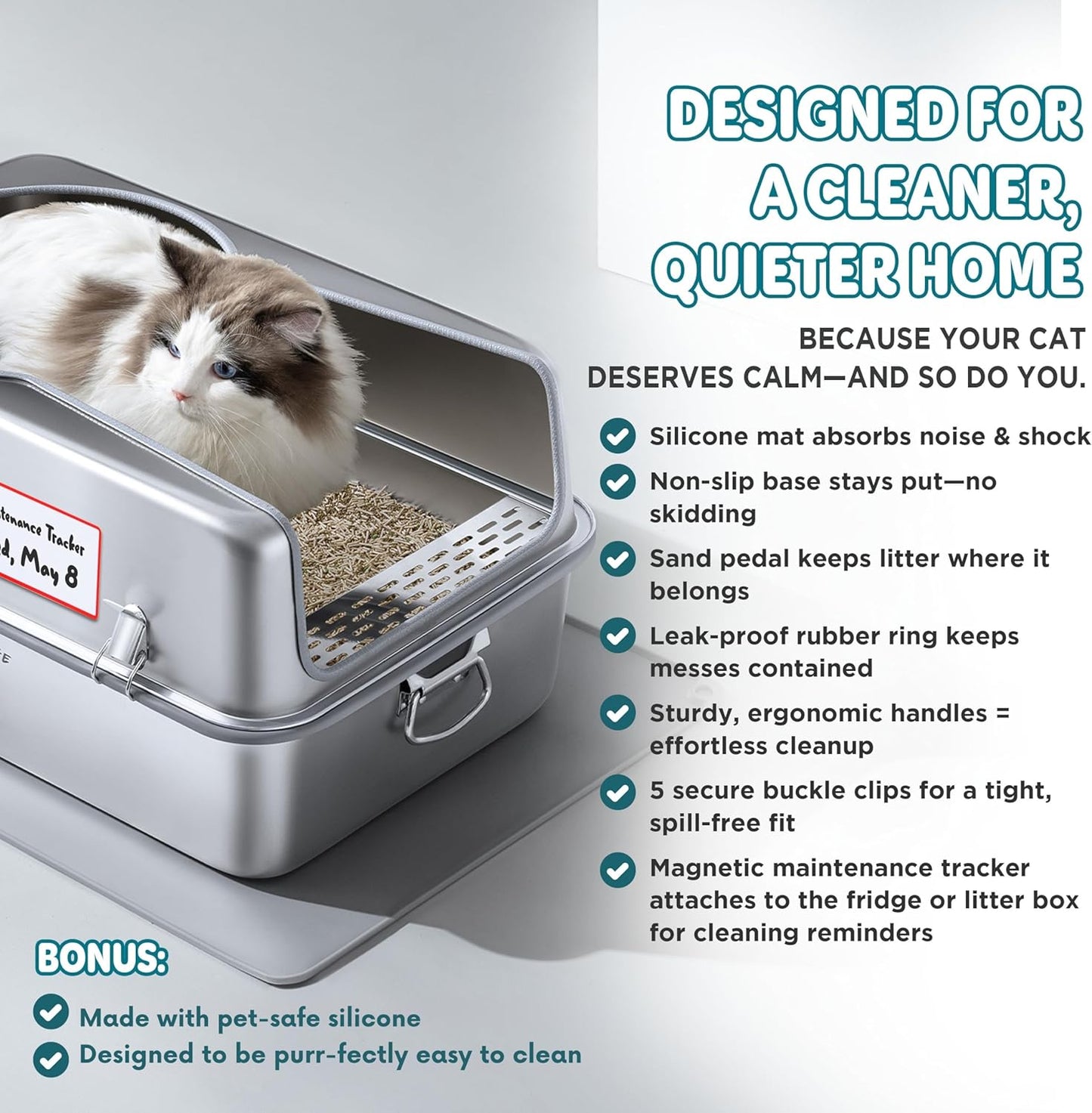 XL Metal Cat Litter Box with Lid – Non-Stick, Odor Control, Stainless Steel, Rust-Resistant, High-Sided – Easy to Clean with Handles, No-Slip Base, Leak-Proof Seal, 5 Clips, Cleaning Tracker