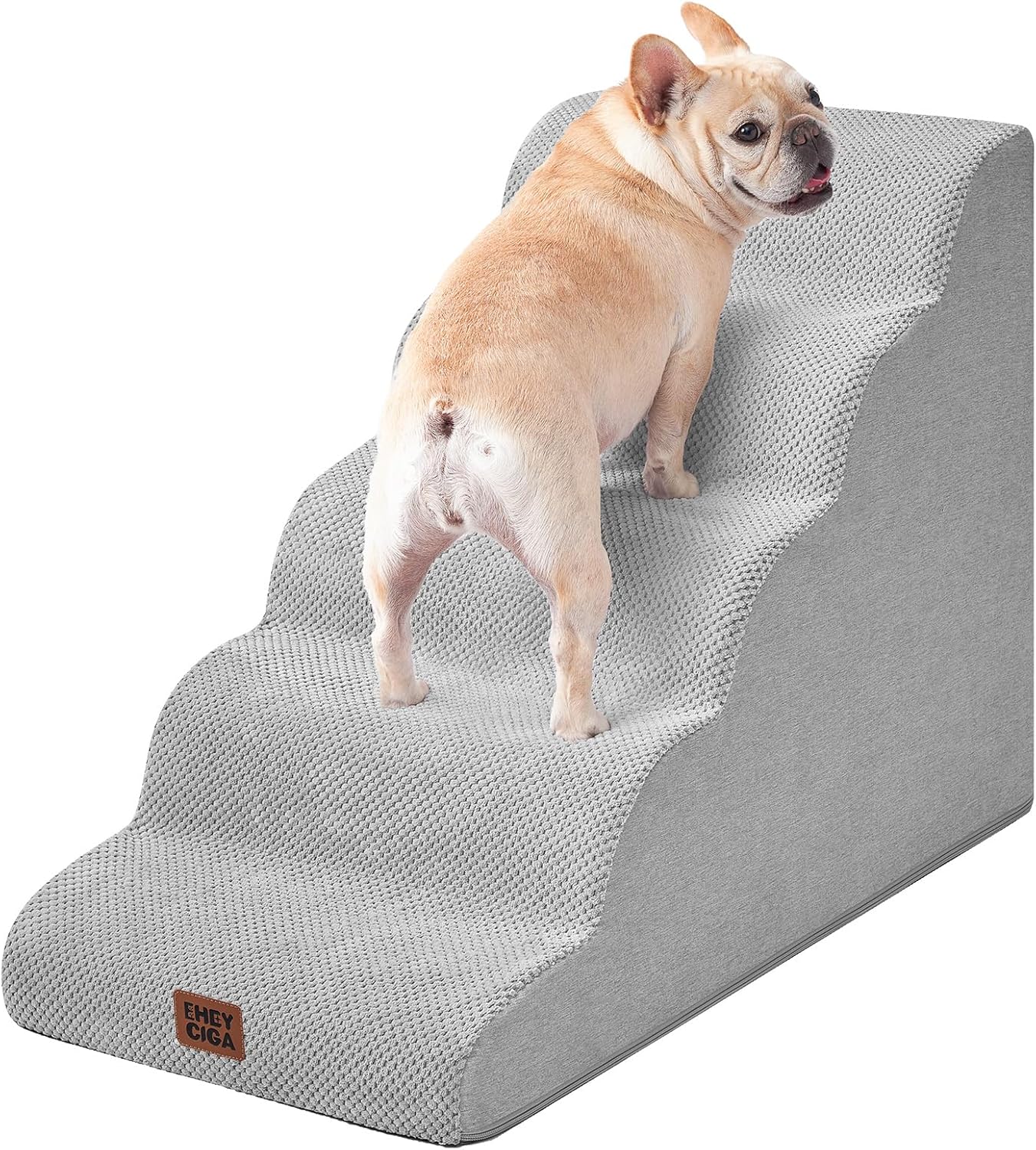 EHEYCIGA Curved Dog Stairs Ramp for High Beds, 5-Step Extra Wide Dog Steps for Small Dogs and Cats, Pet Stairs for High Bed Climbing, Non-Slip Balanced Pet Step Indoor, Light Grey