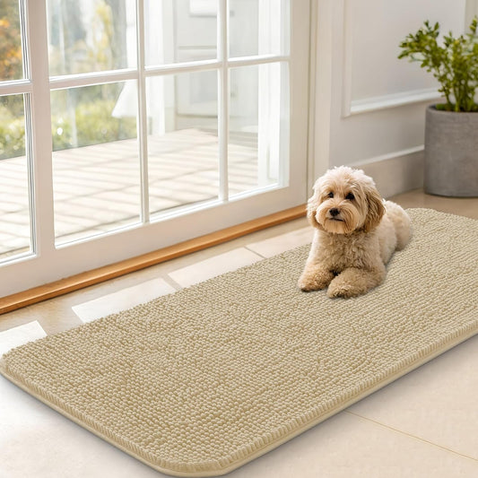 OLANLY Dog Door Mat for Muddy Paws 47x20, Absorbs Moisture and Dirt, Absorbent Non-Slip Washable Doormat, Quick Dry Chenille Mud Mat for Dogs, Entry Indoor Entryway Carpet for Inside Floor, Beige