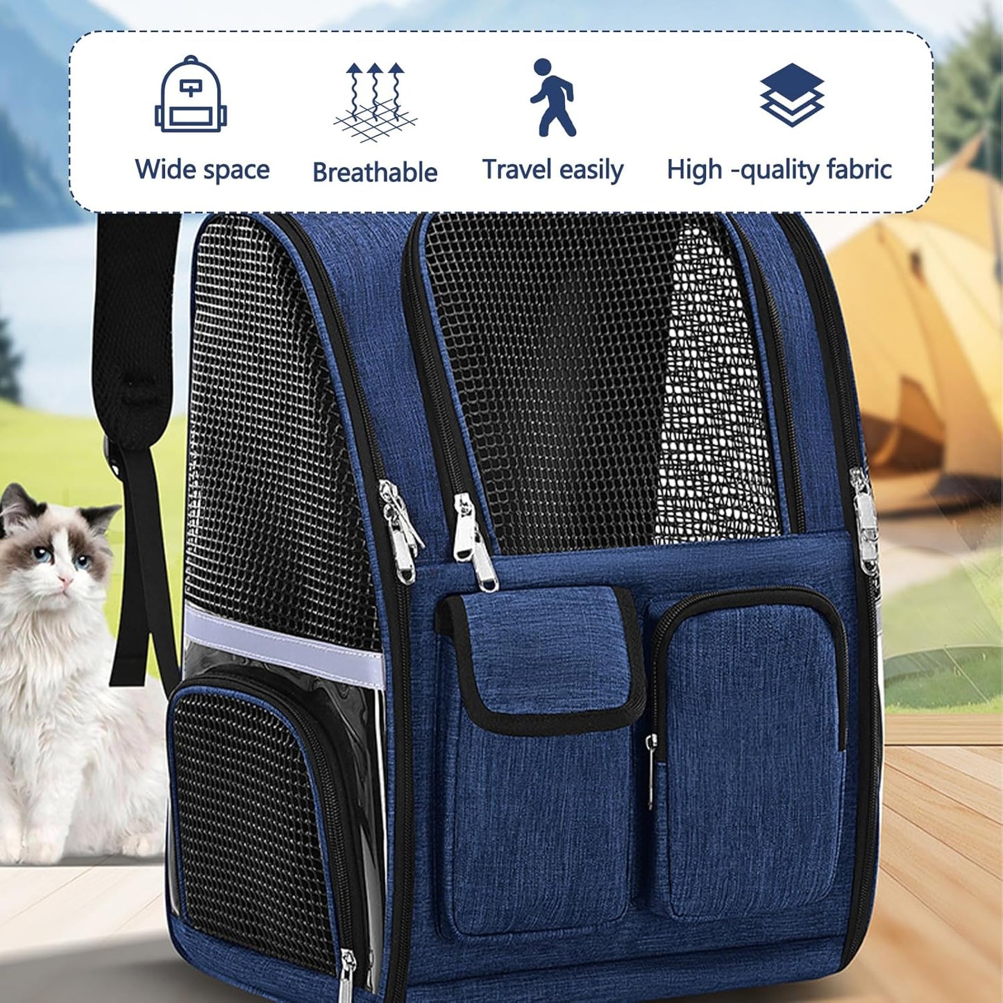Pet Backpack, Airline Approved Dog Backpack, Cat Bag for Travel Hiking Bike Riding Walking Outdoor, Cat Backpack with Breathable Mesh(Blue)