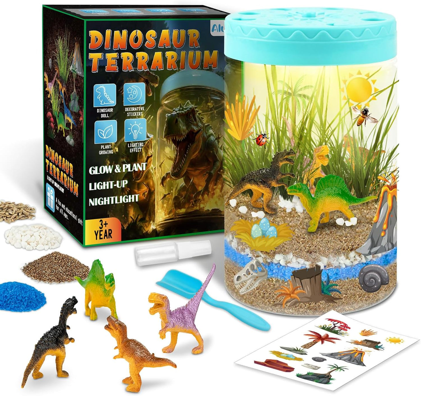 Light Up Dinosaur Terrarium Kit for Kids,Educational Science Kits,Gardening Kits Science Activities for Boys & Girls,DIY Creative Dinosaur Toys,Arts and Crafts Kit Gifts for Ages 4 5 6 7 8-12