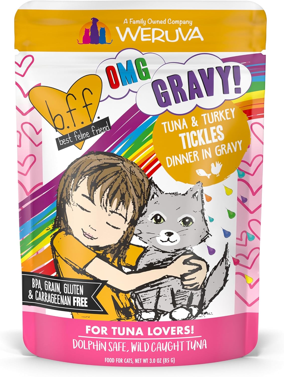 Weruva B.F.F. OMG - Best Feline Friend Oh My Gravy!, Tuna & Turkey Tickles with Tuna & Turkey in Gravy Cat Food, 3oz Pouch (Pack of 12)