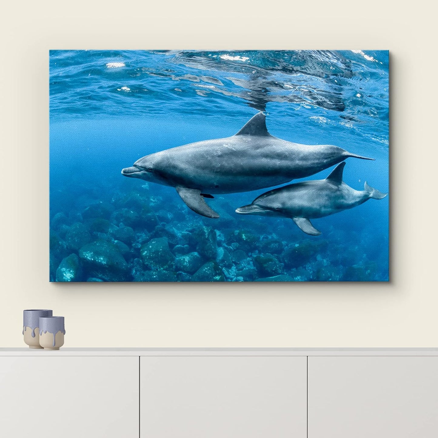 wall26 Canvas Print Wall Art Tropical Ocean Sea Underwater Dolphin Duo Nature Animals Photography Realism Rustic Scenic Landscape Wilderness Earth Colorful for Living Room, Bedroom, Office - 12"x18"