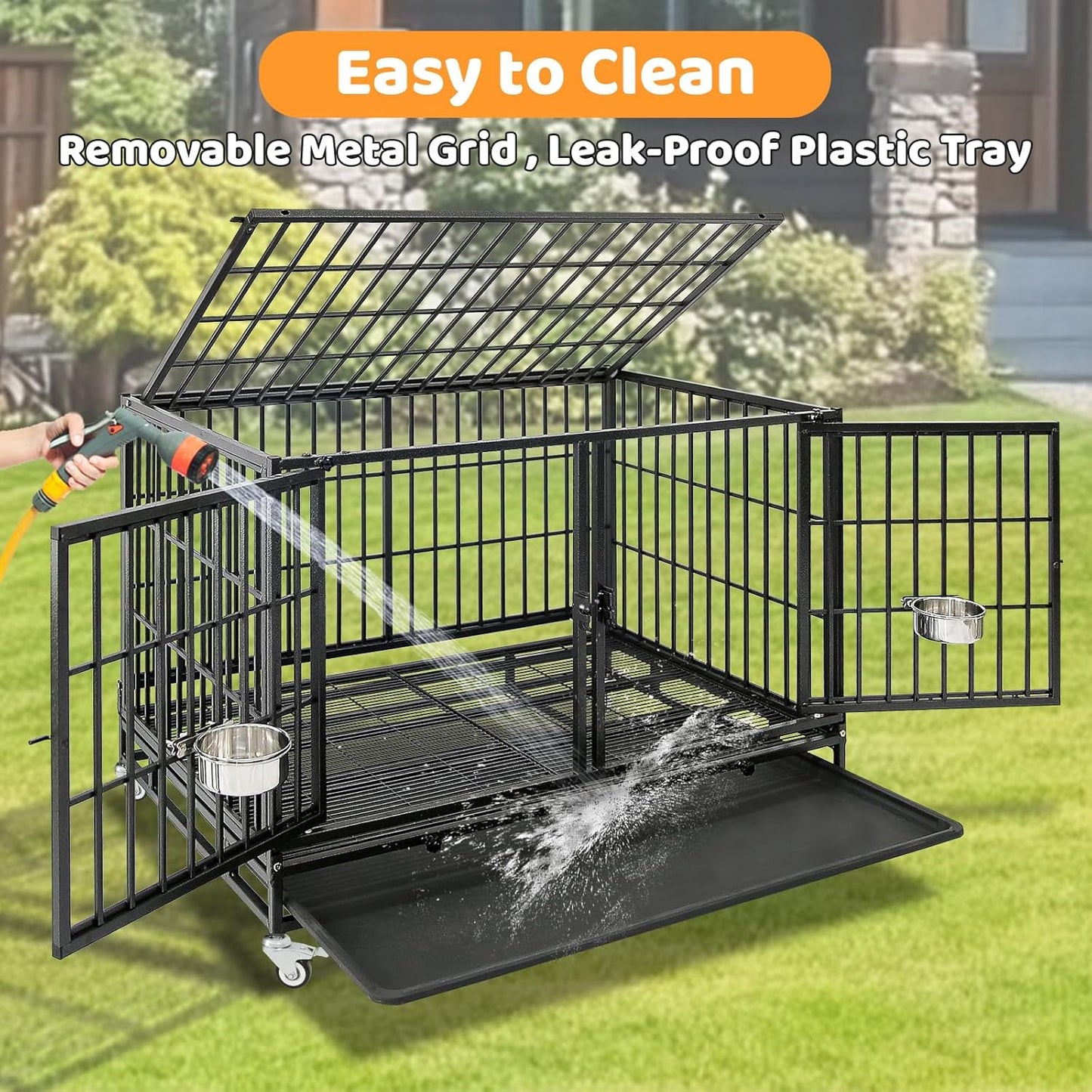 Homey Pet 2 Pack Three Tiers 43 inch Stackable Heavy Duty Dog Crate with Wheels, Indestructible Steel Dog Cage Kennel Indoor with Detachable Divider, Trays, Feeding Bowls, Escape Proof Locks