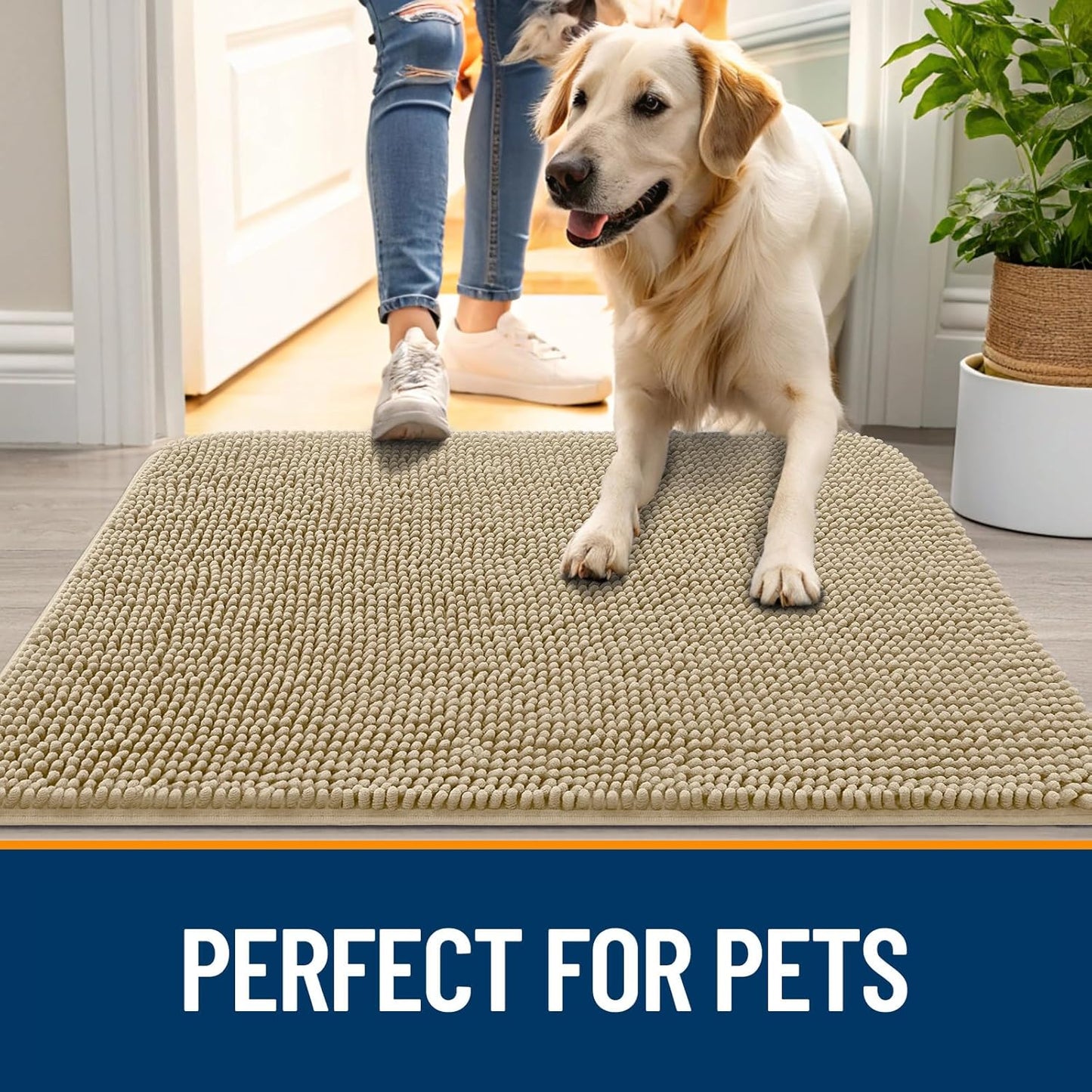 OLANLY Dog Door Mat for Muddy Paws 40x32, Absorbs Moisture and Dirt, Absorbent Non-Slip Washable Doormat, Quick Dry Chenille Mud Mat for Dogs, Entry Indoor Entryway Carpet for Inside Floor, Beige