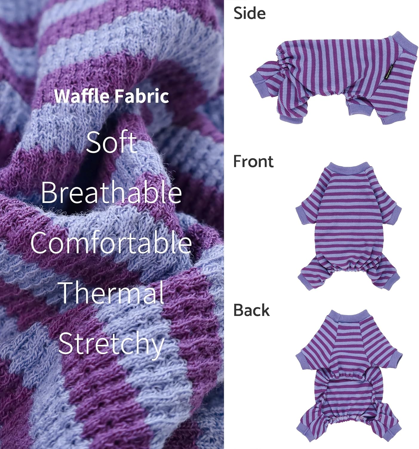 Fitwarm Purple and Violet Striped Dog Pajamas, Waffle Dog Clothes for Small Dogs Girl Boy, Puppy Onesie with Feet, Pet Cat Outfit, Small