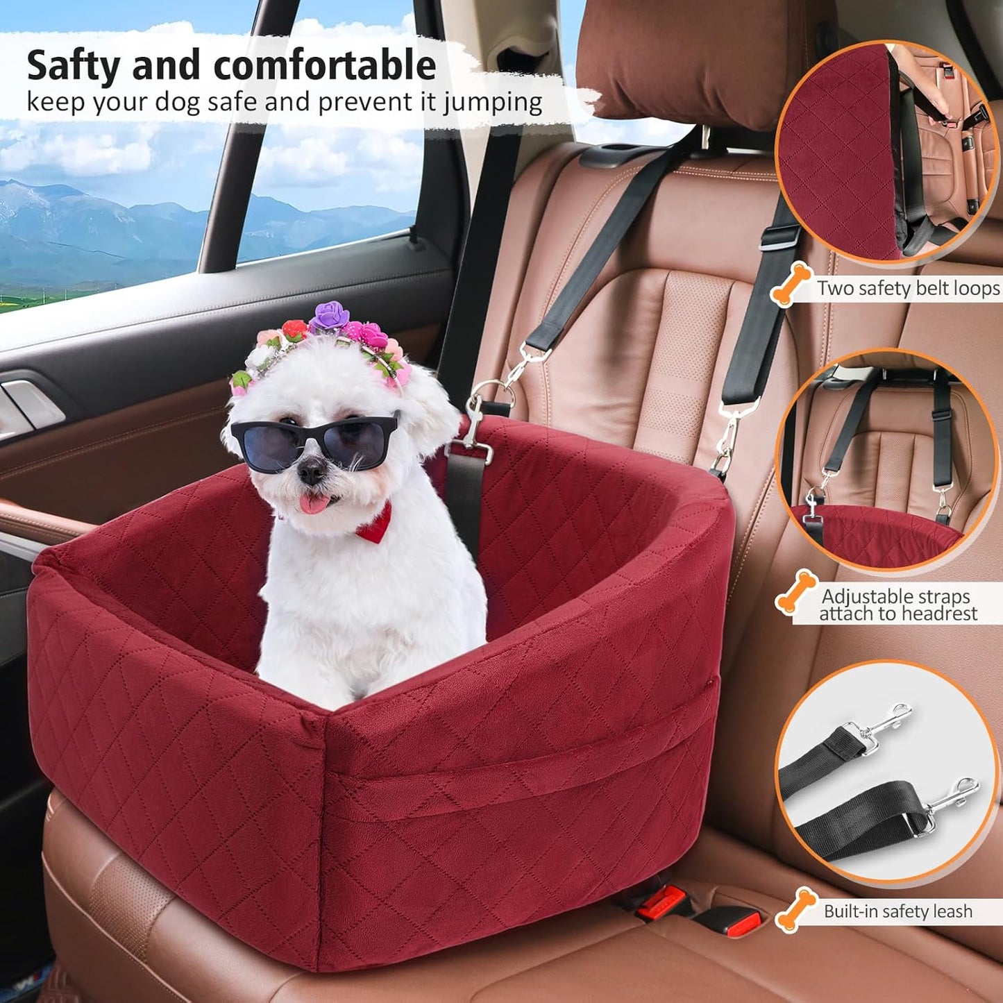 Dog Car Seat for Small Medium Dogs,Detachable Washable Dog Booster Seat Under 30lbs, Pet Car Seats Travel Bed with Storage Pockets and Safety Belt(Red)
