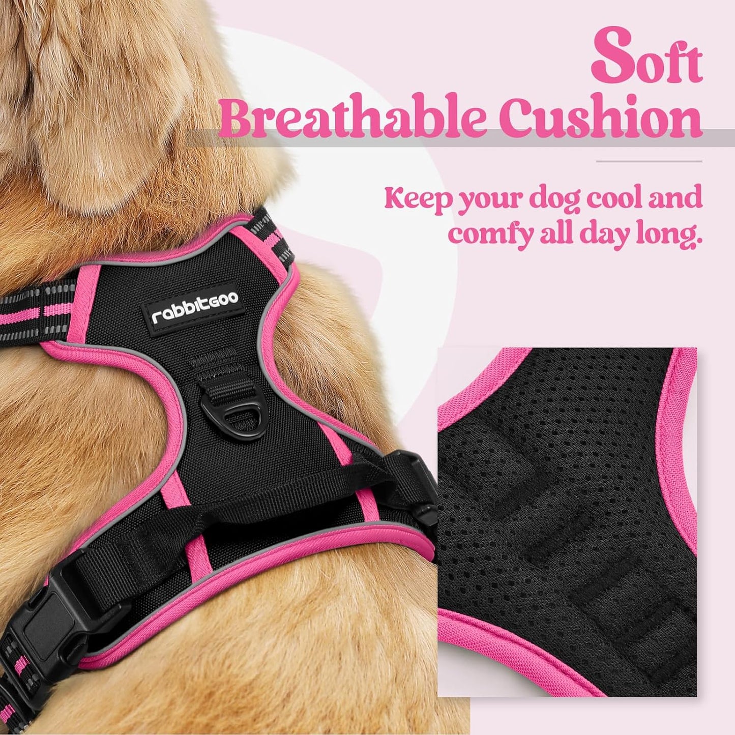rabbitgoo Dog Harness No Pull with 2 Leash Clips, Adjustable Soft Padded, Reflective Oxford No Choke Pet Vest with Easy Control Handle for Large Dogs, Black & Hot Pink, XL