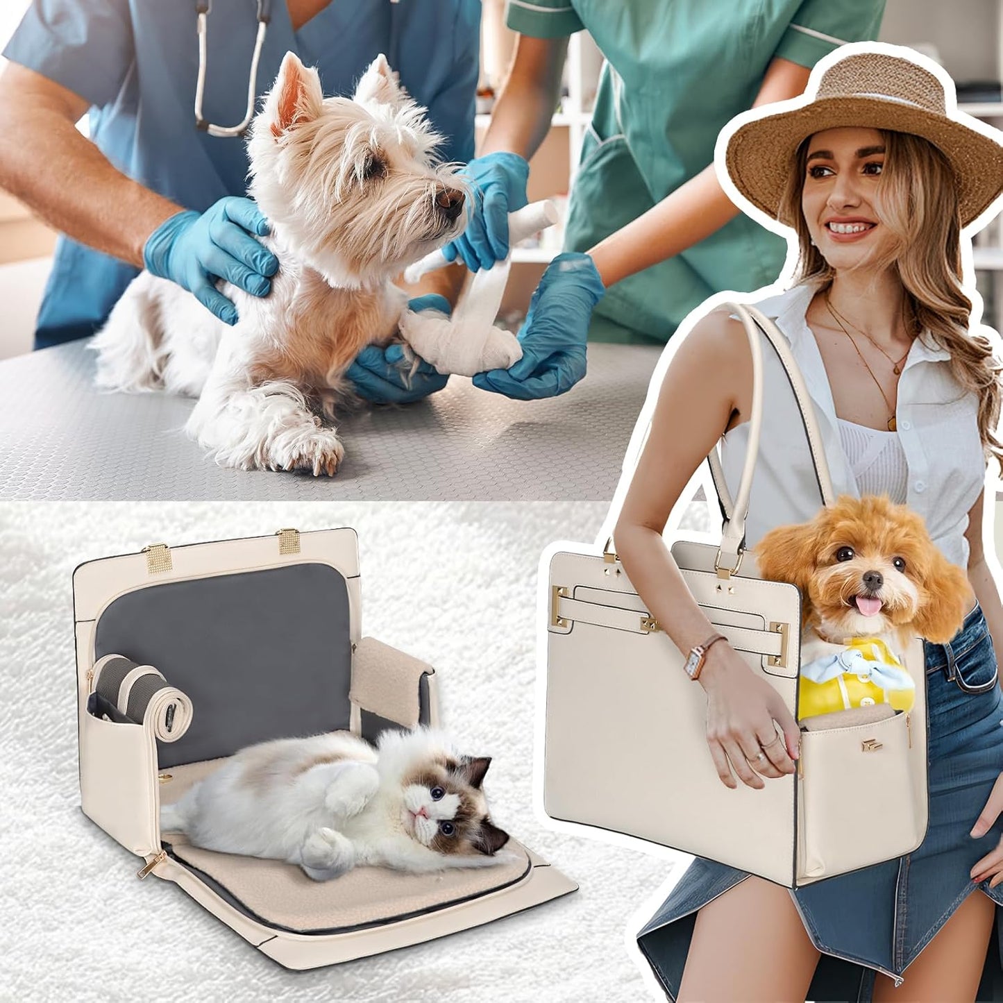 2-in-1 Stylish Dog Purse Carrier Soft-Sided Carriers Travel Tote Bag for Small Dogs Cats, Fashion Foldable Pet Bag for Puppies Small Animals with Pockets (White, 15" L x 7.5" W x 12.2" H)