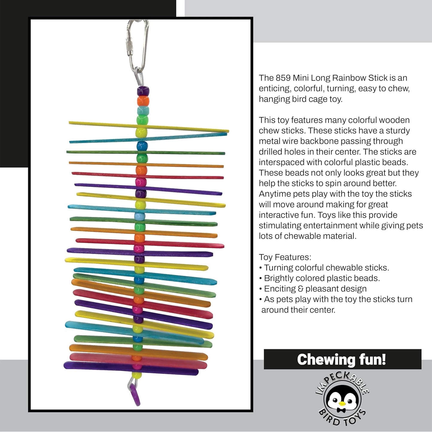 859 Mini Long Rainbow Stick - Handcrafted with Colorful Wooden Slats and Beads, Chewable sticks turn around as pets play, Great for Budgies, Parrotlets, Lovebirds and Small Pet Birds