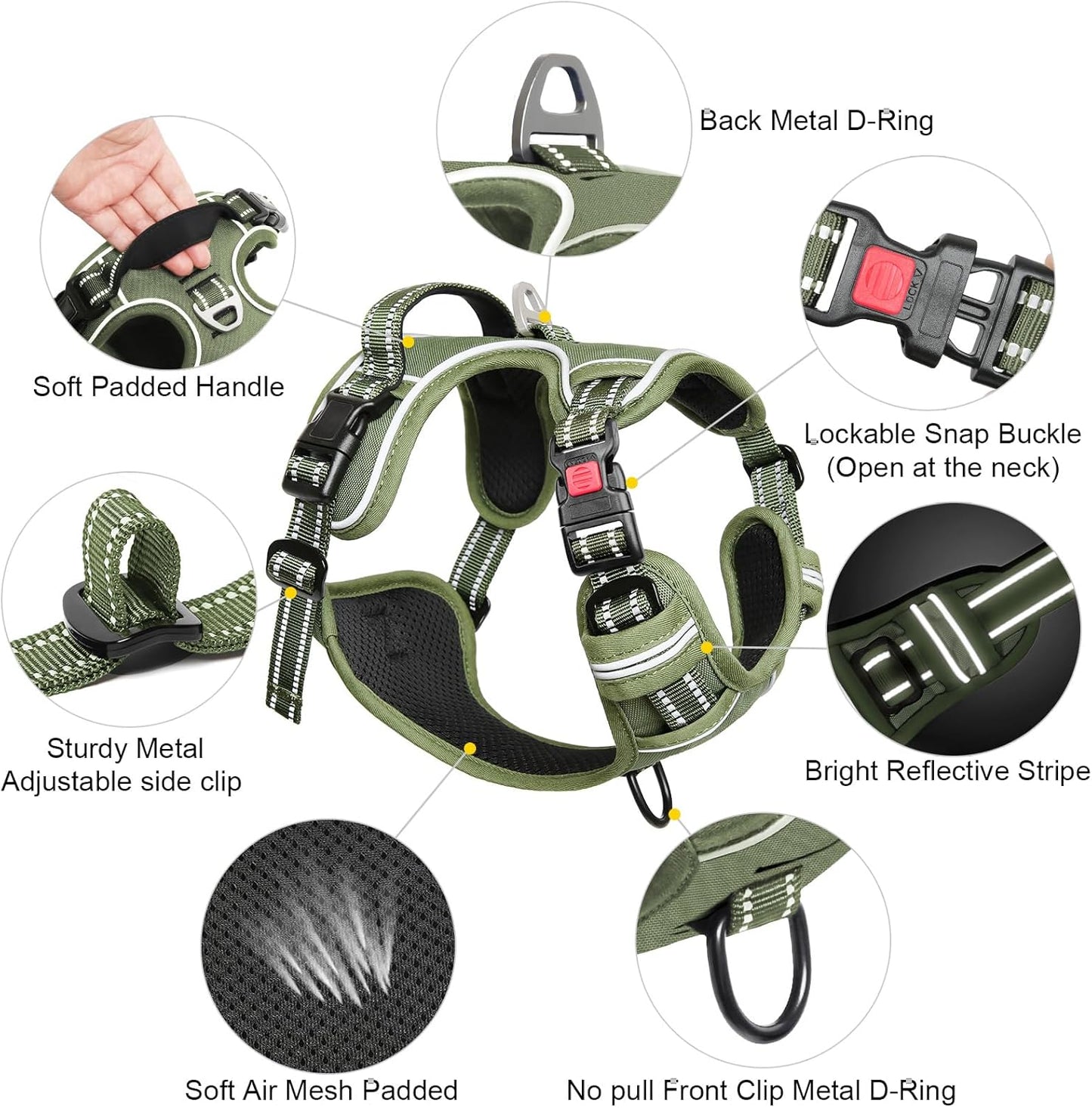 Timos Dog Harness Small Sized, No Pull Pet Harness with Neck Lockable Snap,No Choke Front Clip Dog Reflective Vest,Adjustable Metal Rings 3 Buckles,Easy Control Handle for Small Dogs Green S