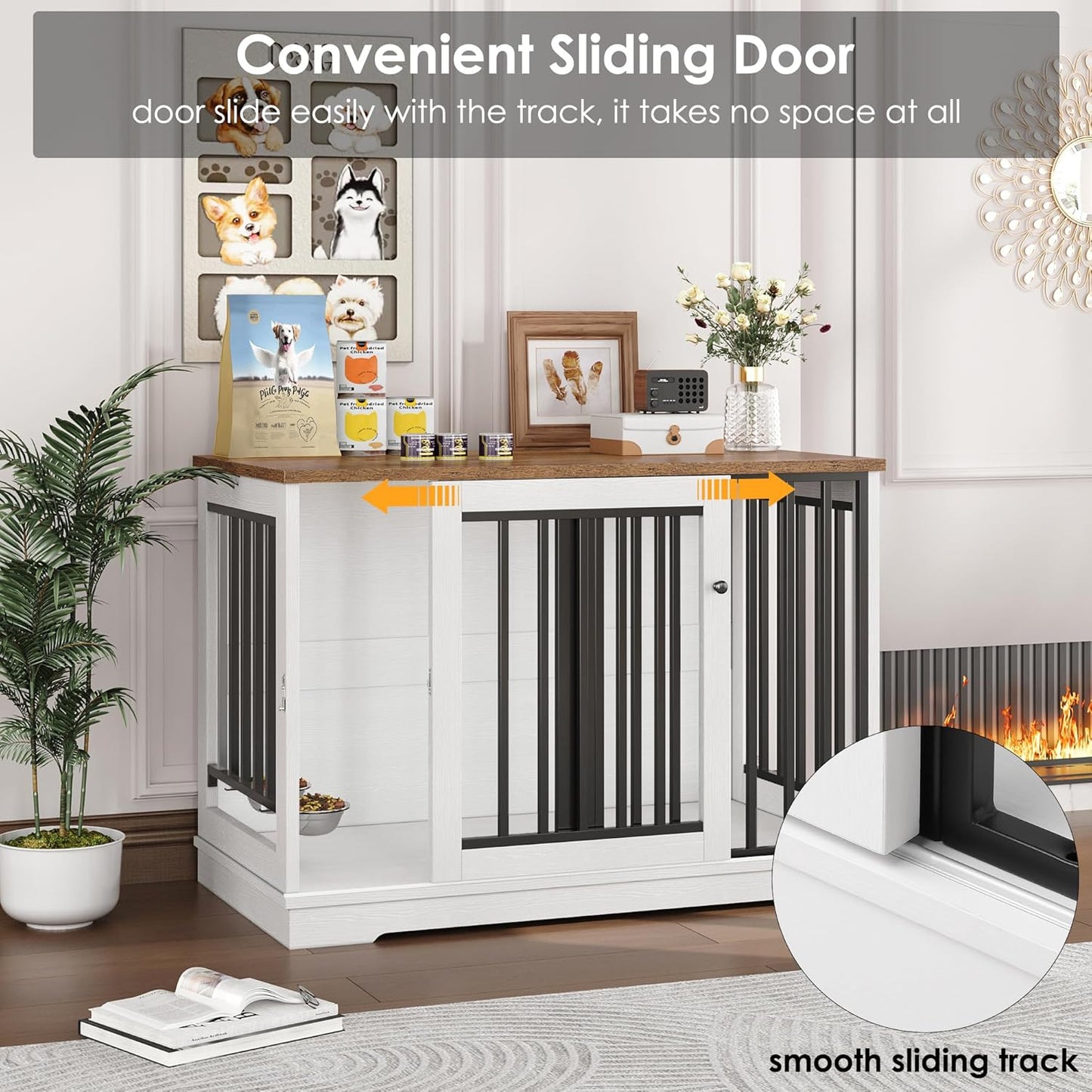 Dog Crate Furniture 47" Large Dog Kennel for Dogs Indoor, Heavy Duty Dog Cage with Sliding Door and 2 SUS Bowls Wooden End Table in Living Room for Small Medium Large Dogs, White