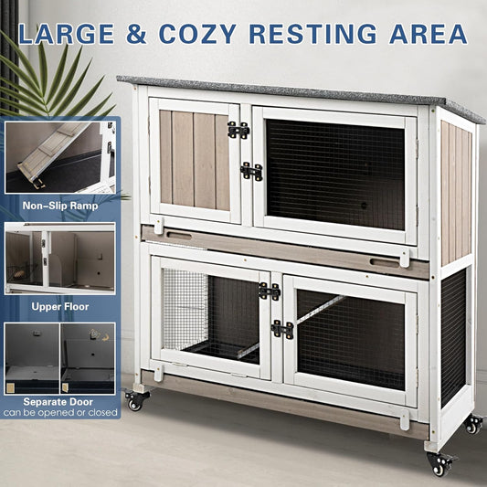 36" L Guinea Pig Cages Wooden, 2 Story Rabbit Cage Indoor Guinea Pig Habitat on 4 Metal Wheels and 2 Deeper Pull-Out Trays, Ramp, Leak Proof Guinea Pig Cages Indoor Small Animal Cage, Grey